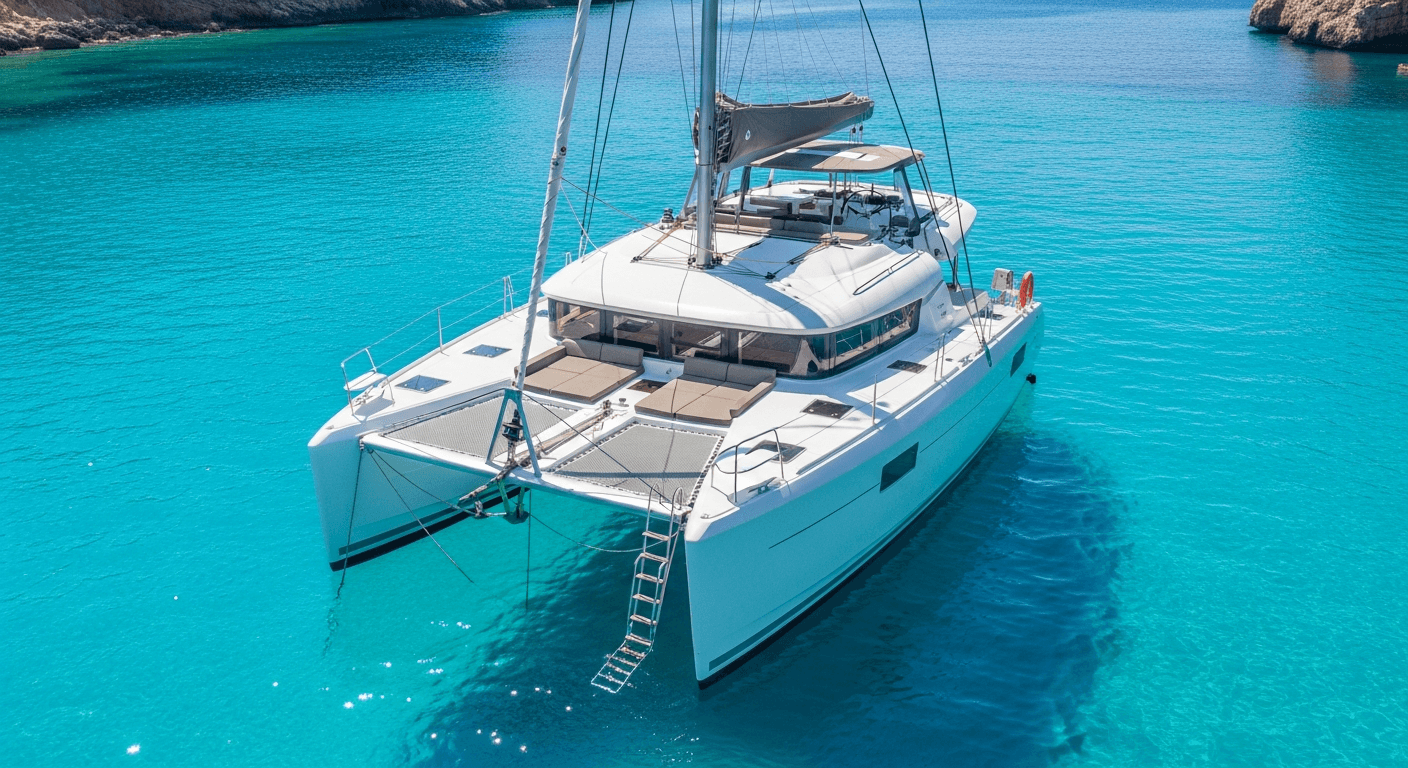 Catamaran sailing near the coast