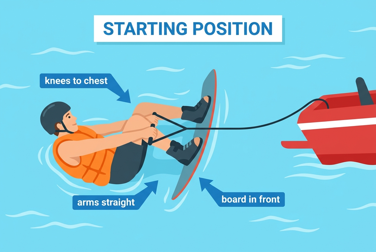 Wakeboard starting position in the water: knees to chest, arms straight, board in front