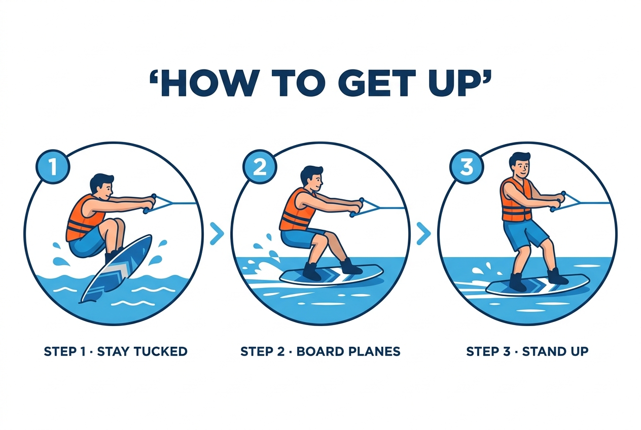 Three steps to get up on a wakeboard: stay tucked, the board planes, stand up