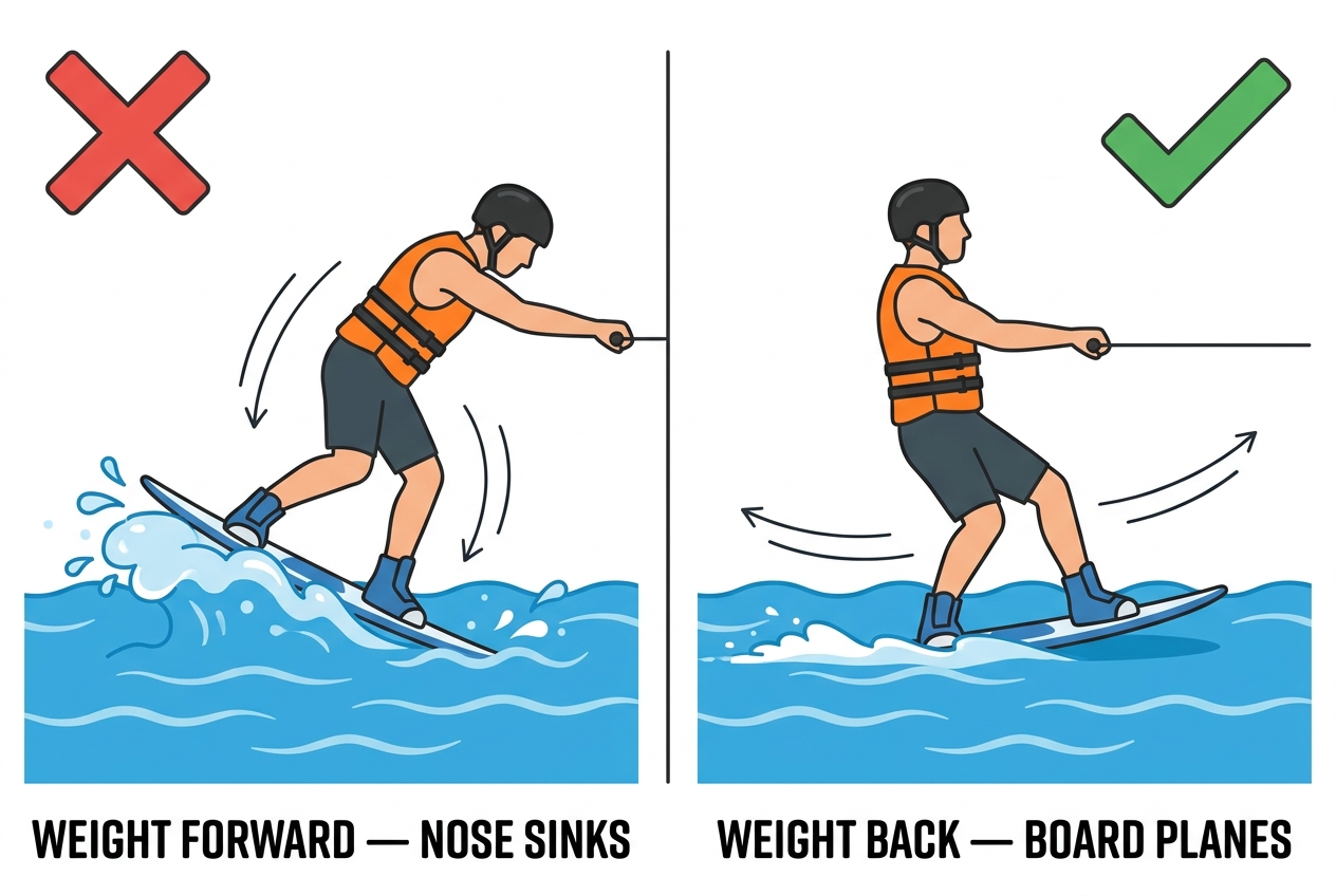 Weight forward makes the nose sink; weight back lets the board plane